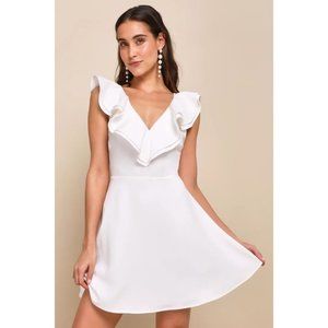 Lulus Womens Divine Darling White Ruffled Skater Dress S White Mini Fit & Flare